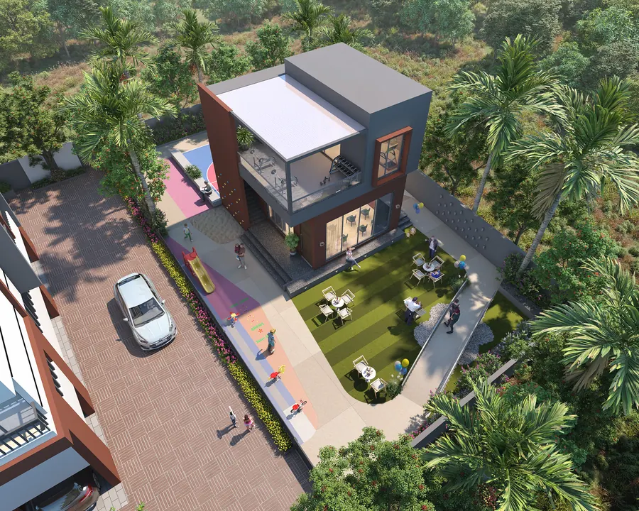 Aerial view of the Gemzs clubhouse and outdoor spaces, artist’s impression