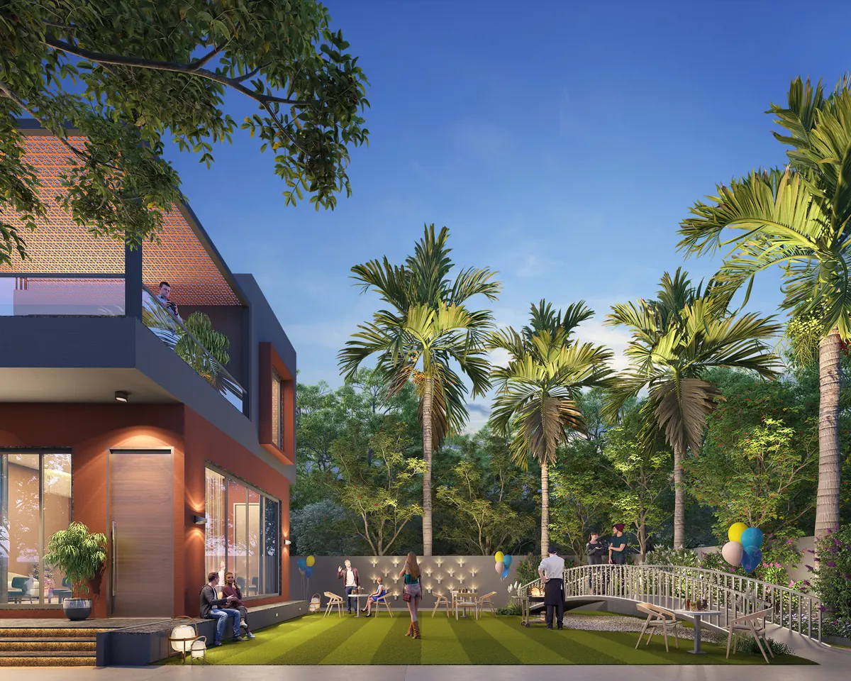 Evening gathering on the lawn beside the illuminated Gemzs clubhouse, artist’s impression