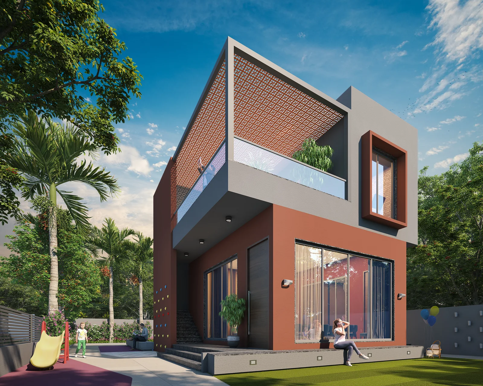 Daytime view of the Gemzs clubhouse and outdoor spaces, artist’s impression