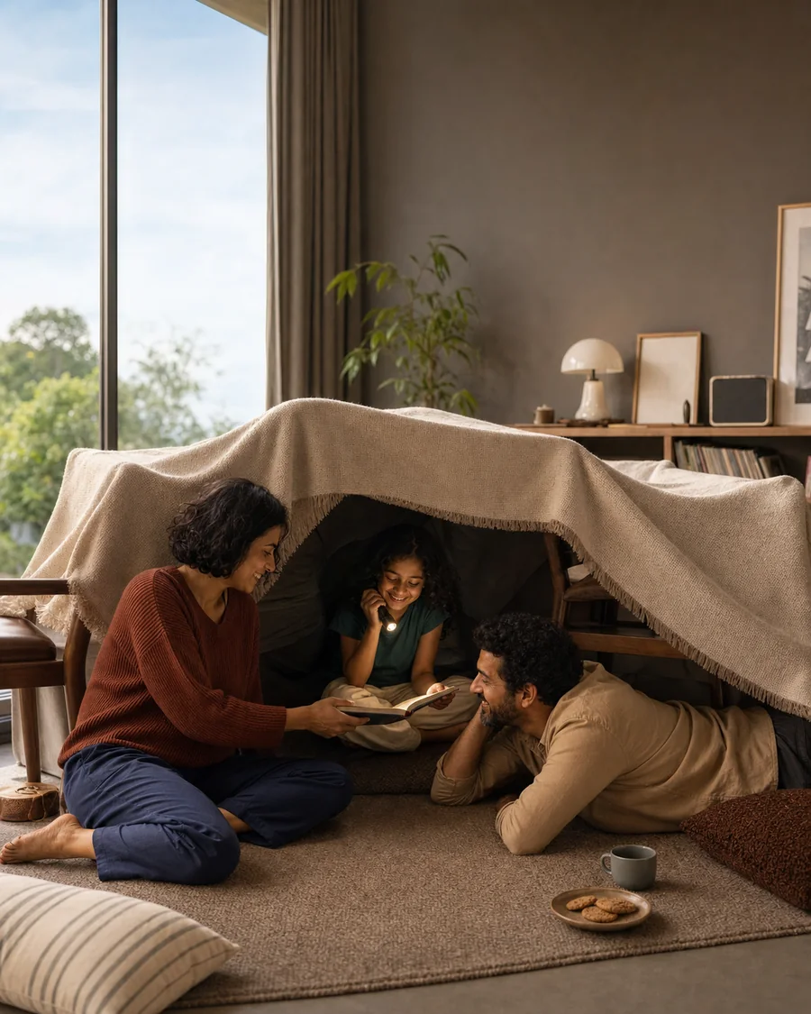 A family sharing a moment in a blanket fort