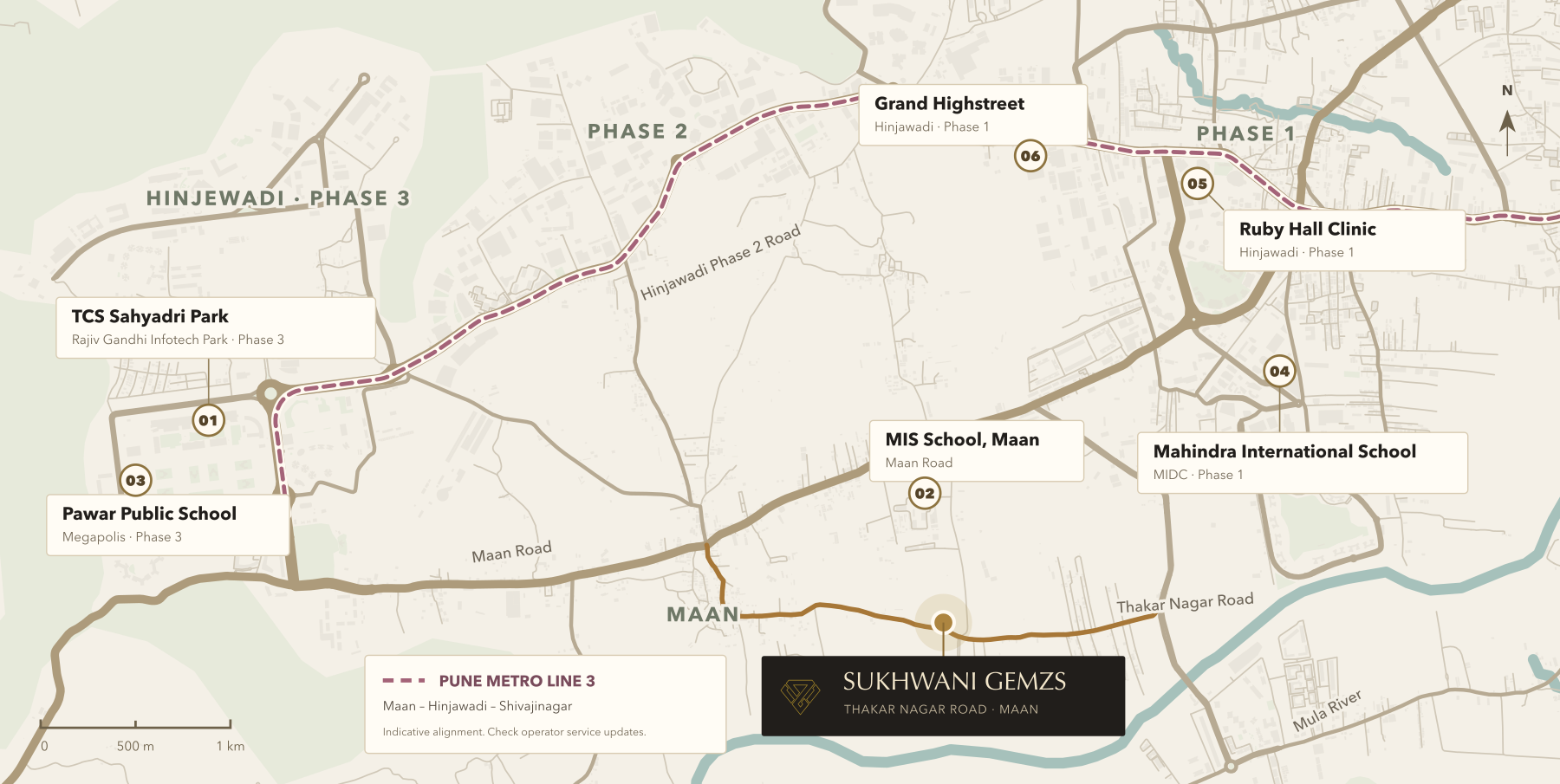 Gemzs on Thakar Nagar Road in Maan, with Hinjawadi Phases 1, 2 and 3, nearby schools, Grand Highstreet and Ruby Hall Clinic shown for context.