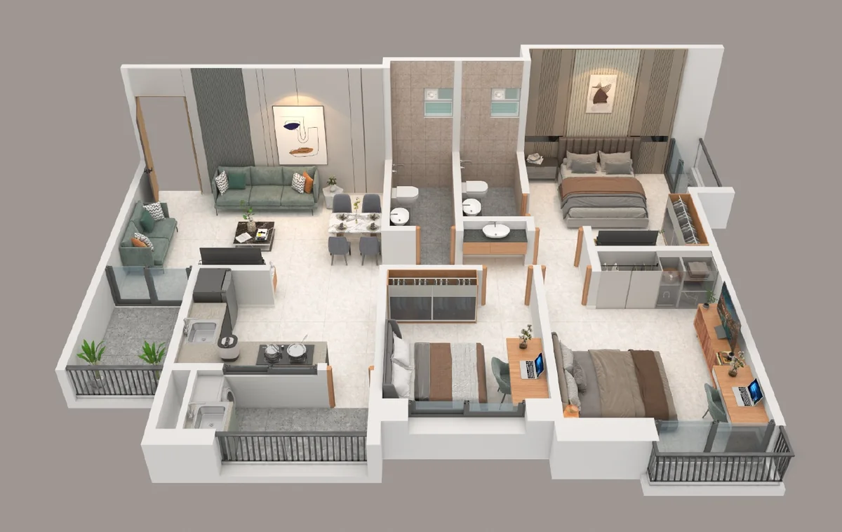2.5 BHK residence cutaway illustration