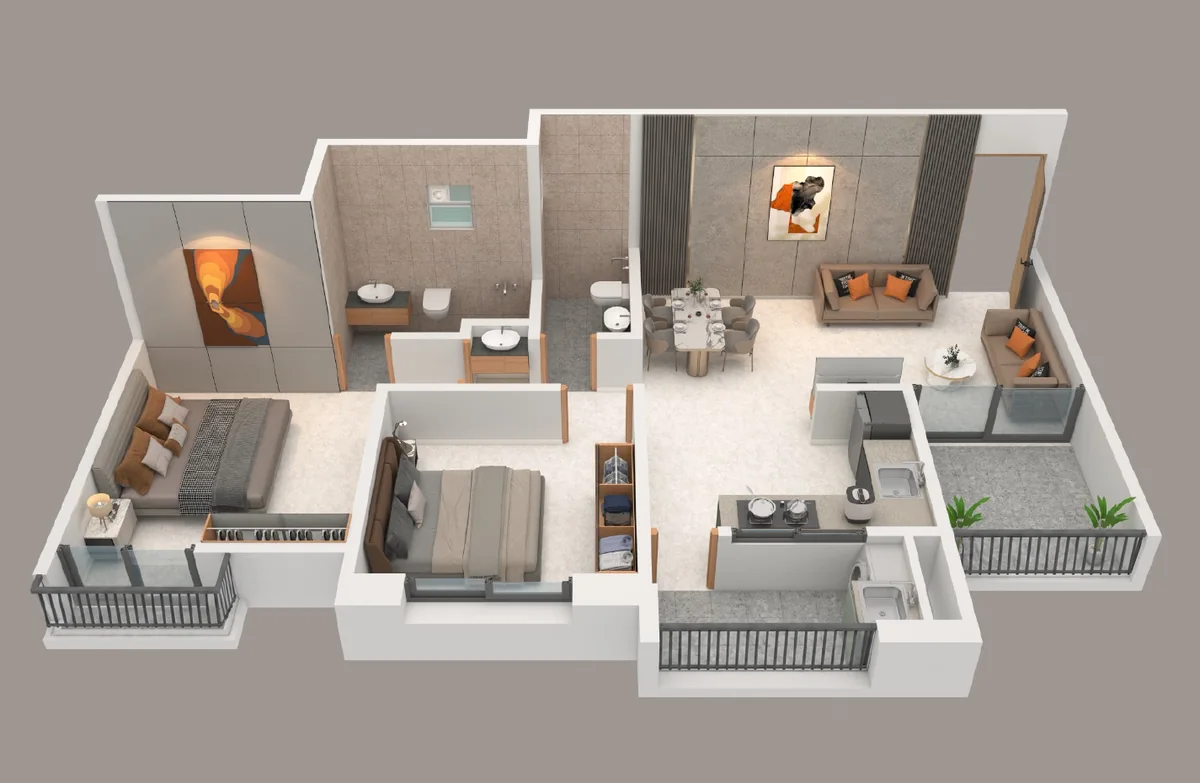 2 BHK residence cutaway illustration