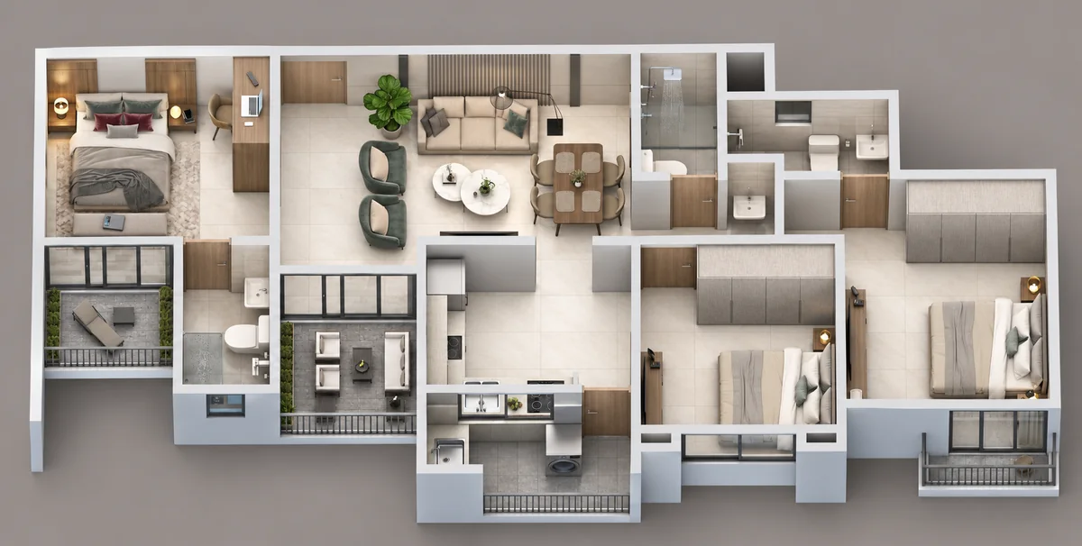 3 BHK residence cutaway illustration